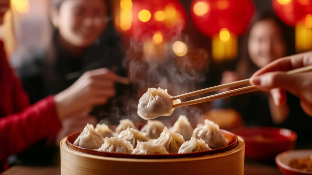 Steamed dumplings being enjoyed by friends. 